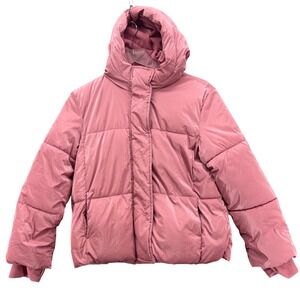 GAP Kids Girls Puffer Jacket Size L Pink Shiny Hooded Winter Coat Apres Ski Cozy